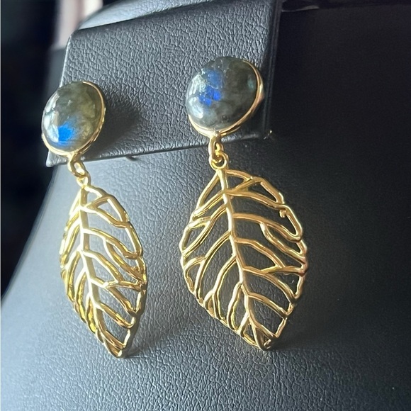 Labradorite Gold Leaf Earrings - Picture 2 of 3